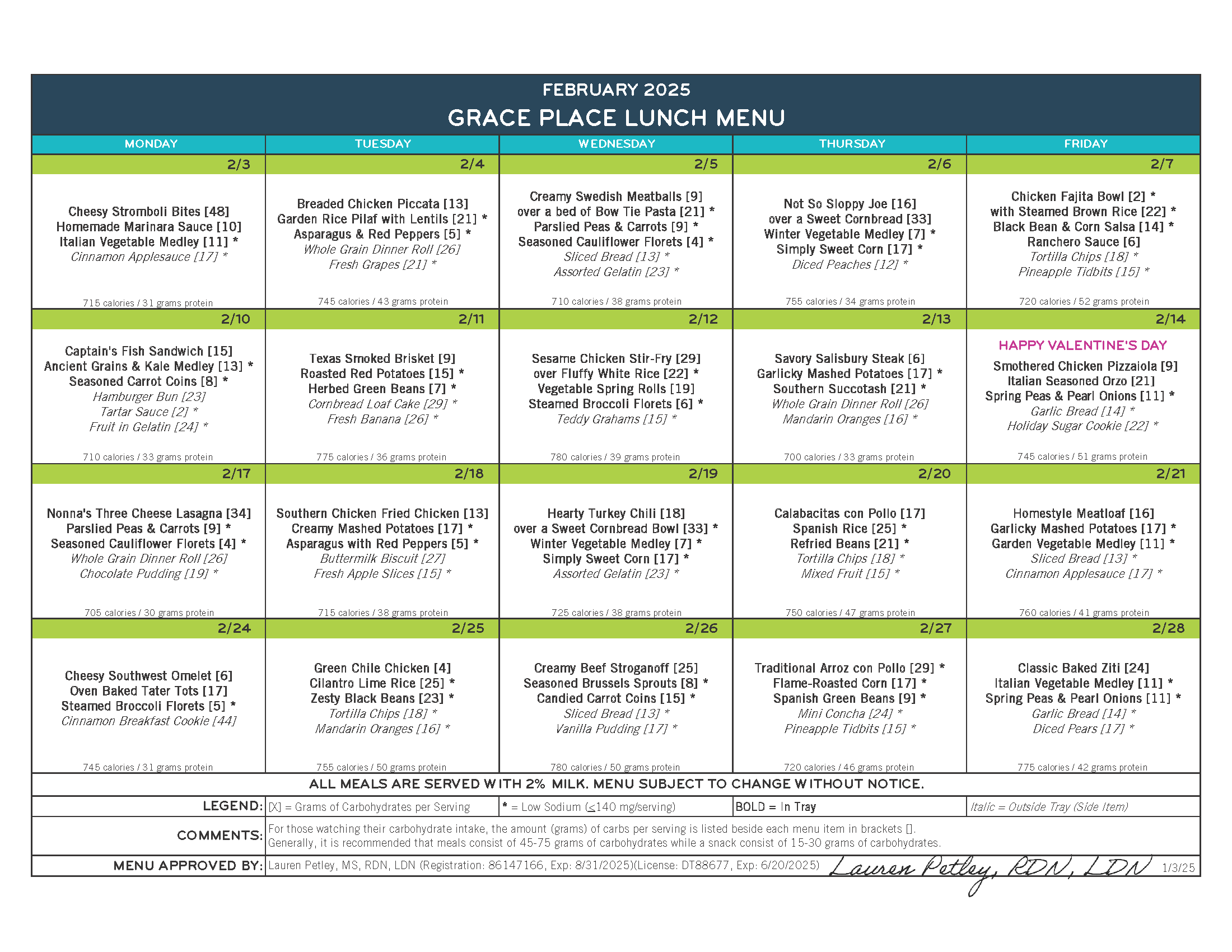 February Grace Place Menu