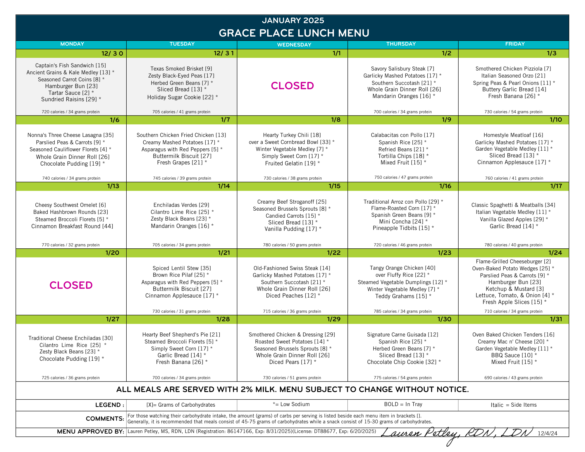 January 2025 Grace Place Menu