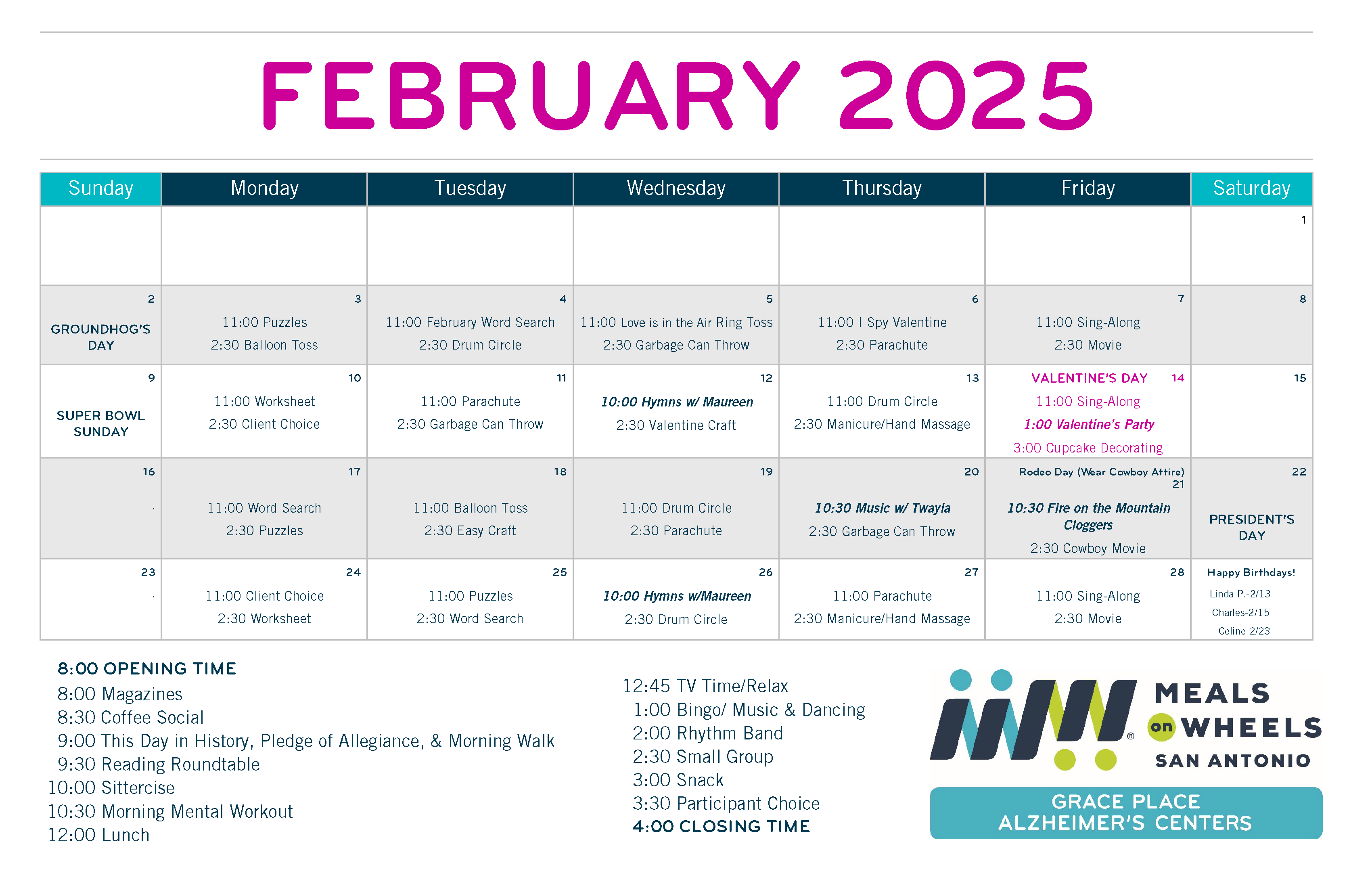 Grace Place Center - February 2025 Calendar